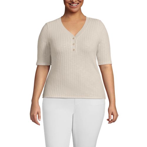  Lands' End Rippstrick-henleyshirt Mit Halblangen ärmeln, Damen, Größe:52-54 Plus, Beige, Elasthan/baumwoll-mischung/polyester-mischung, By Lands' End 