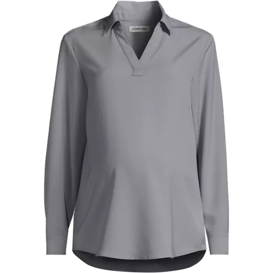 School Uniform Women's Maternity Long Sleeve Polo Collar Popover Crepe Blouse - primary