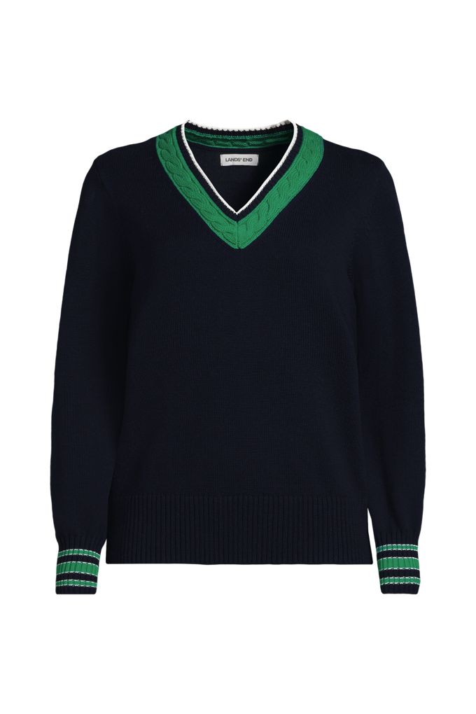 Lands' End Women's Plus Size Drifter Set In Sleeve Vneck Sweater In Green