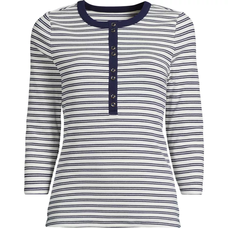 Women's Plus Size 3/4 Sleeve Polished Rib Henley Top, Front