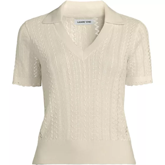 Women's Fine Gauge Cotton Pointelle Polo Sweater - primary