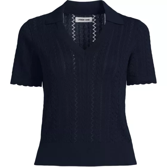 Women's Fine Gauge Cotton Pointelle Polo Sweater - primary