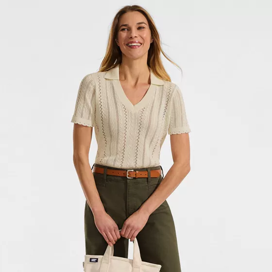 Women's Fine Gauge Cotton Pointelle Polo Sweater - primary