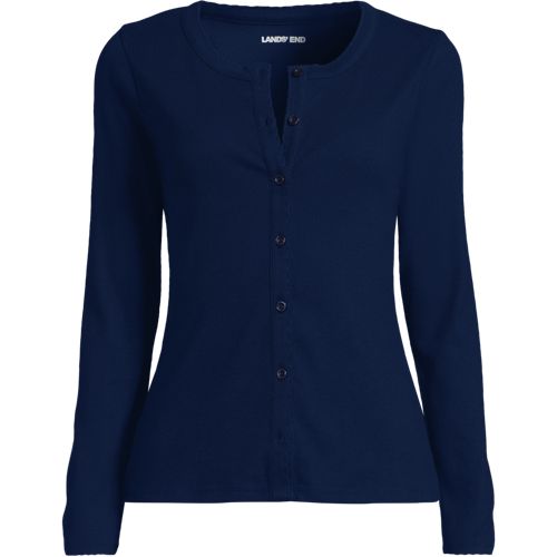 Long Sleeve Micro Rib Buttonfront Top, Women, size: 2X, plus, Blue, Spandex/Cotton-blend, by Lands' End