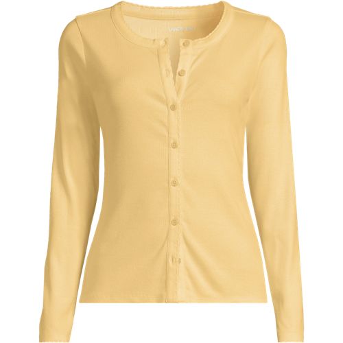 Long Sleeve Micro Rib Buttonfront Top, Women, size: 2X, plus, Yellow, Spandex/Cotton-blend, by Lands' End
