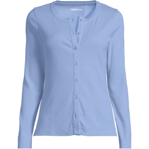 Long Sleeve Micro Rib Buttonfront Top, Women, size: L, regular, Blue, Spandex/Cotton-blend, by Lands' End