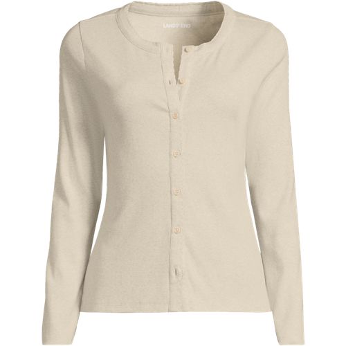 Long Sleeve Micro Rib Buttonfront Top, Women, size: 3X, plus, Ivory, Spandex/Cotton-blend, by Lands' End