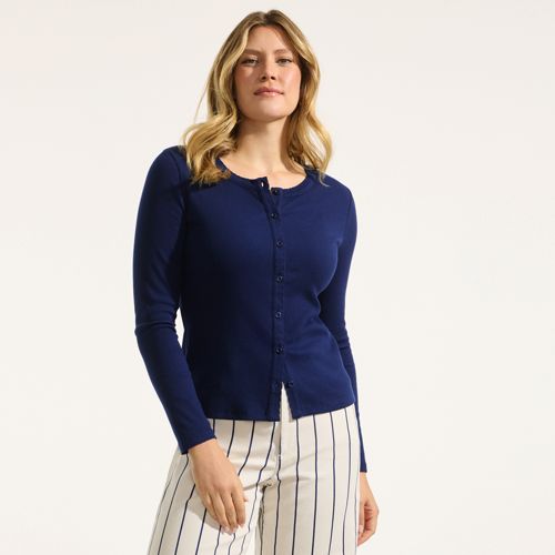 Long Sleeve Micro Rib Buttonfront Top, Women, size: S, regular, Blue, Spandex/Cotton-blend, by Lands' End