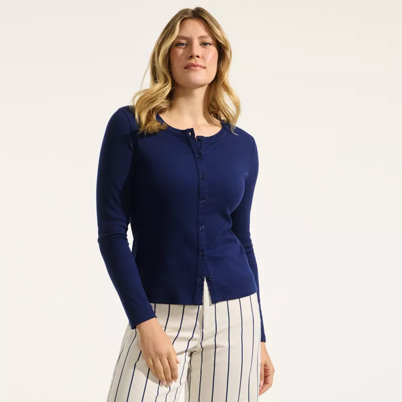 Women's Long Sleeve Micro Rib Button Through Cardigan, alternative image