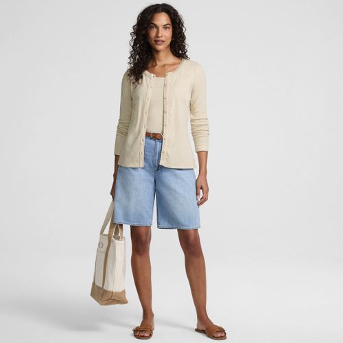 Long Sleeve Micro Rib Buttonfront Top, Women, size: M, regular, Ivory, Spandex/Cotton-blend, by Lands' End