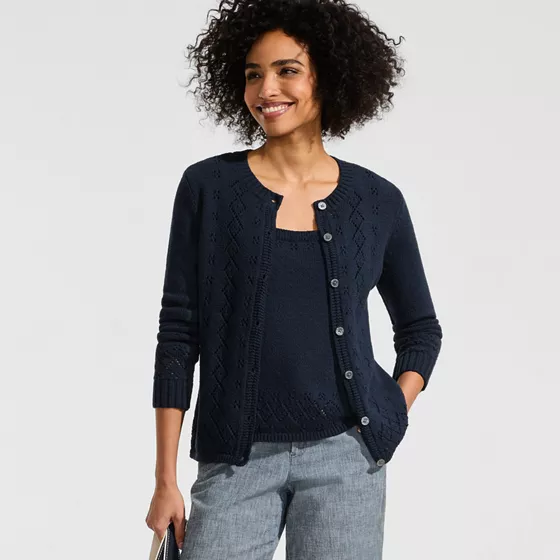Women's Pointelle Crew Neck Cardigan Sweater - primary
