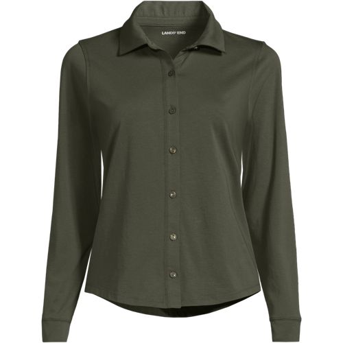 Long Sleeve Supima Cotton Buttonfront Top, Women, size: XS, petite, Green, Cotton, by Lands' End