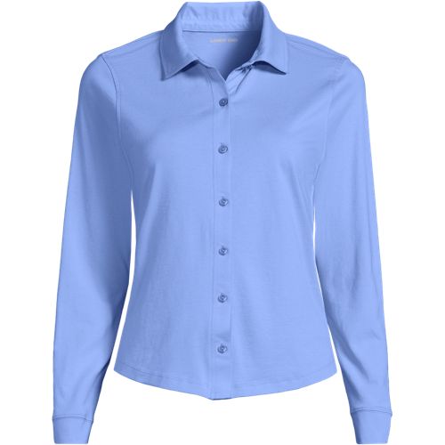 Long Sleeve Supima Cotton Buttonfront Top, Women, size: 3X, plus, Blue, Cotton, by Lands' End