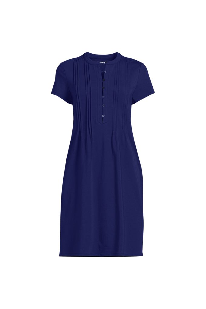 Lands' End Women's Plus Size Cotton Modal Pintuck Short Sleeve Dress In Blue