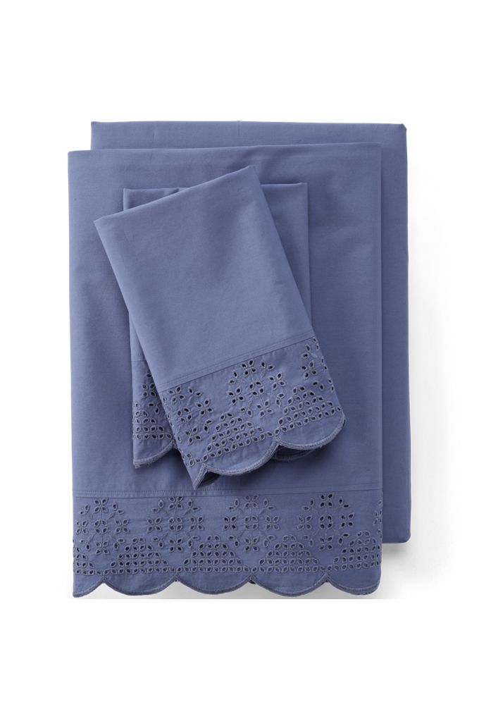 Lands' End 300 Thread Count Cotton Percale Eyelet Bed Sheet Set In Blue