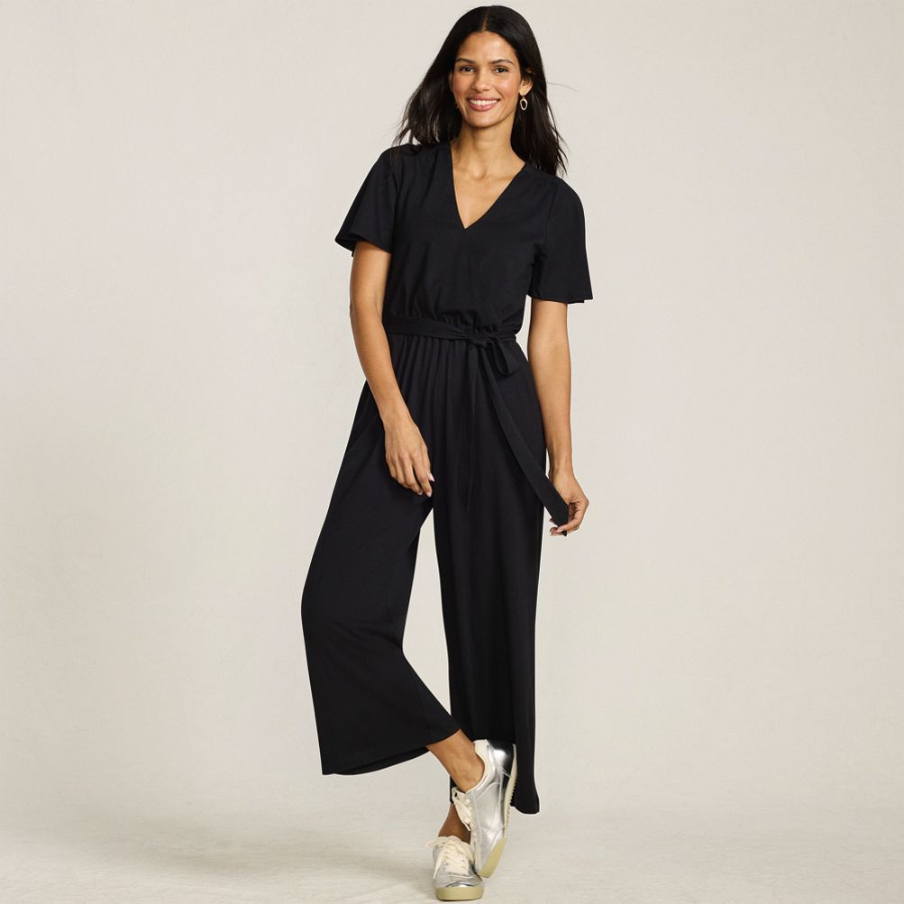 Women's Cotton Modal Tie Waist V Neck Jumpsuit | Lands' End