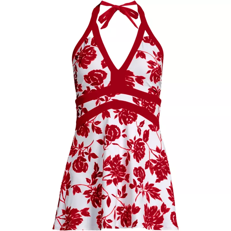 Womens V-neck Halter Mini Swim Dress, Front