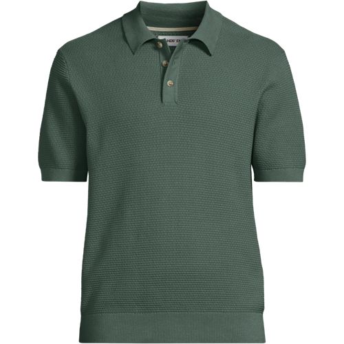 Short Sleeve Lightweight Cotton Fine Knit Sweater Polo, Men, size: M, regular, Green, Cotton, by Lands' End