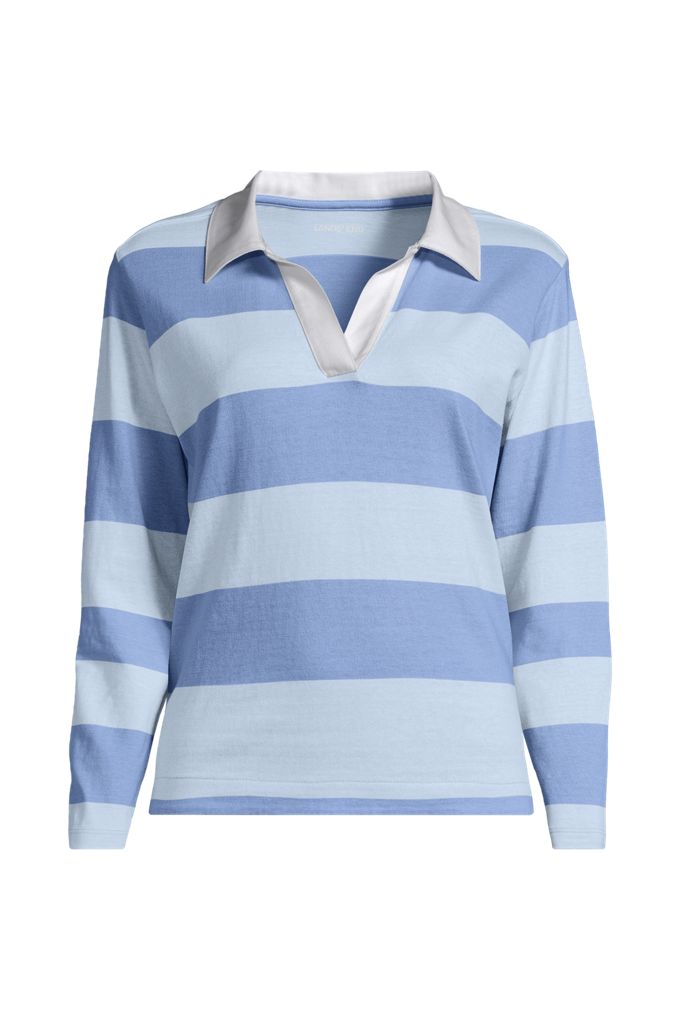 Lands' End Women's Plus Size Long Sleeve Mariner Johnny Collar Polo In Blue