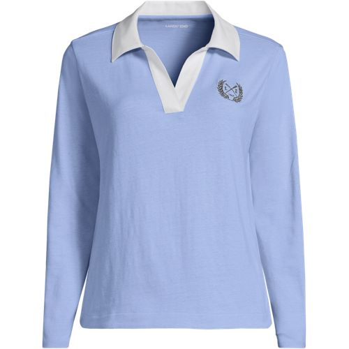 Long Sleeve Contrast Johnny Collar Polo Shirt, Women, size: 2X, plus, Blue, by Lands' End