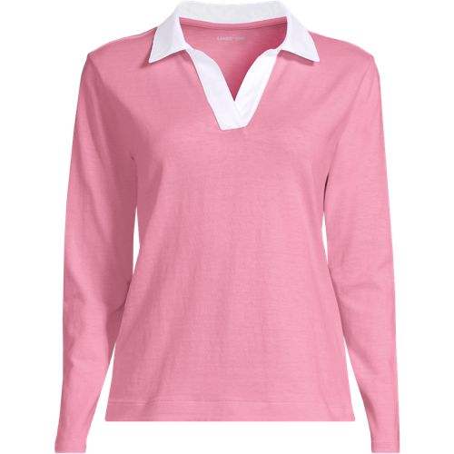 Long Sleeve Contrast Johnny Collar Polo Shirt, Women, size: 1X, plus, Pink, by Lands' End