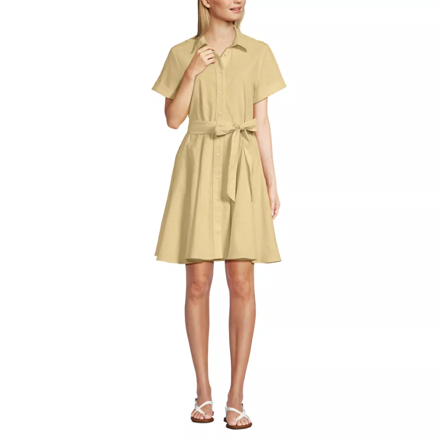 Women's Linen Blend Button Front Dress with Godets