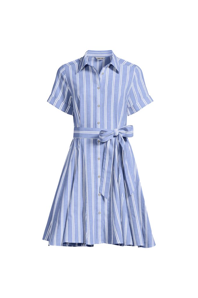 Lands' End Women's Plus Size Linen Blend Button Front Dress With Godets In Blue