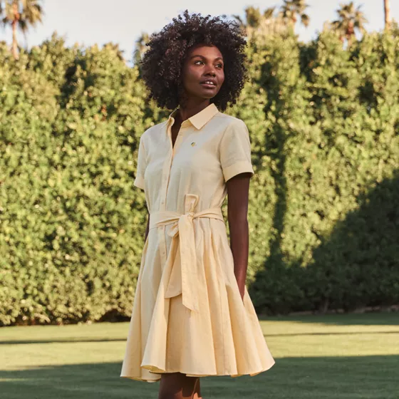 Women's Linen Blend Button Front Dress with Godets - primary
