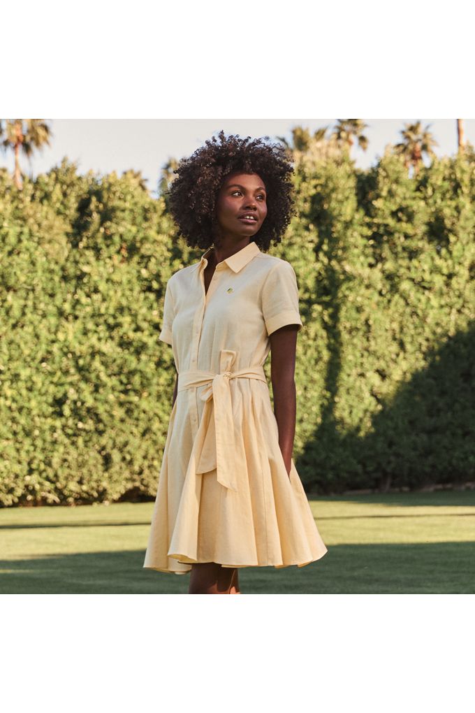 Lands' End Women's Tall Linen Blend Button Front Dress With Godets In Yellow