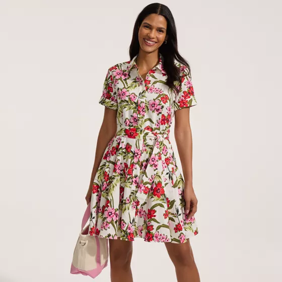 Women's Linen Blend Button Front Dress with Godets - primary