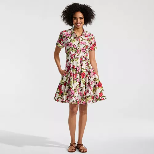 Women's Linen Blend Button Front Dress with Godets, Front