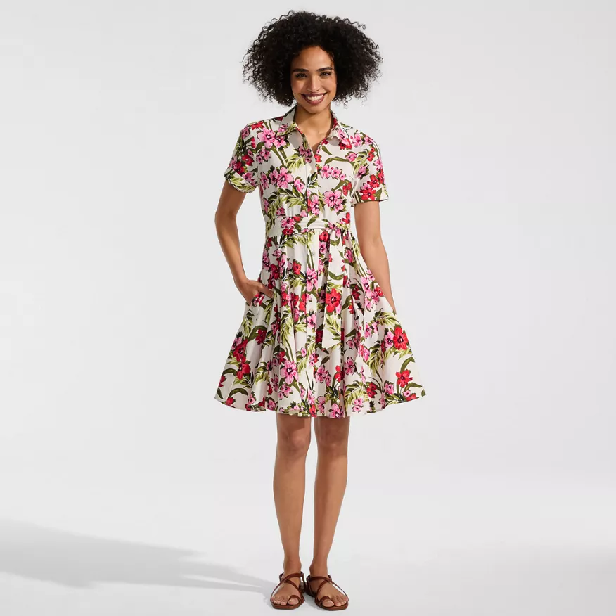 Women's Linen Blend Button Front Dress with Godets