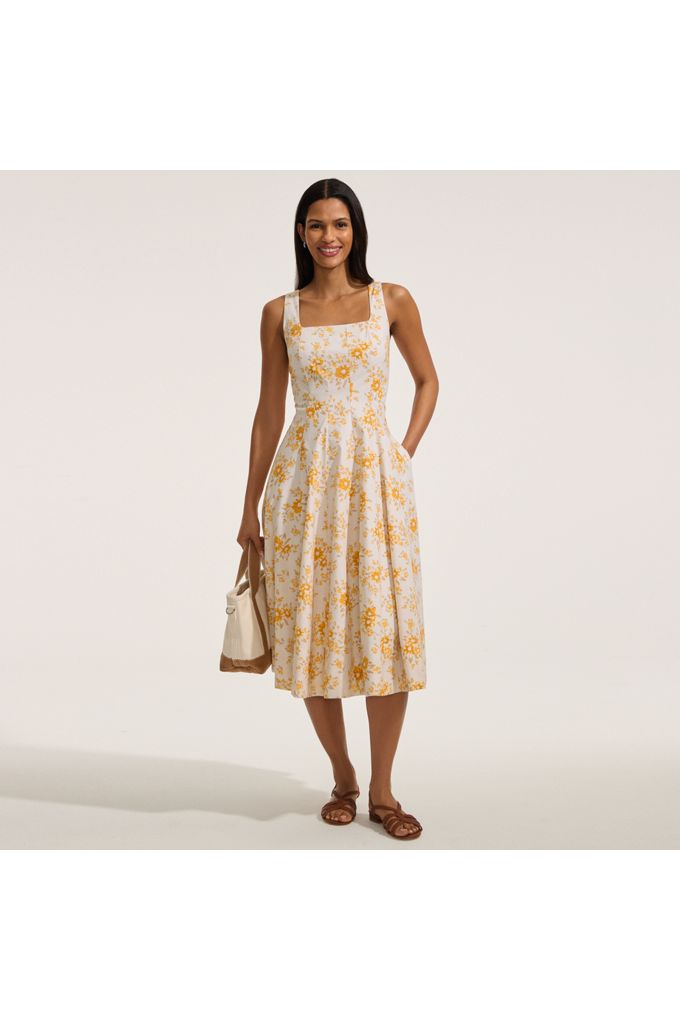 Lands' End Women's Petite Princess Seamed Cotton Poplin Midi Dress In Ivory