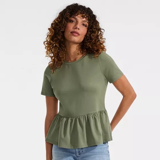 Women's Short Sleeve Lightweight Jersey Crew Neck Peplum Tee - primary