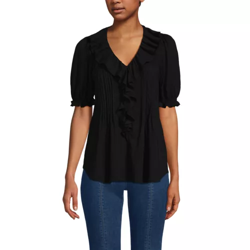 Women's Puff Sleeve Slub Ruffle Pintuck Top, Front