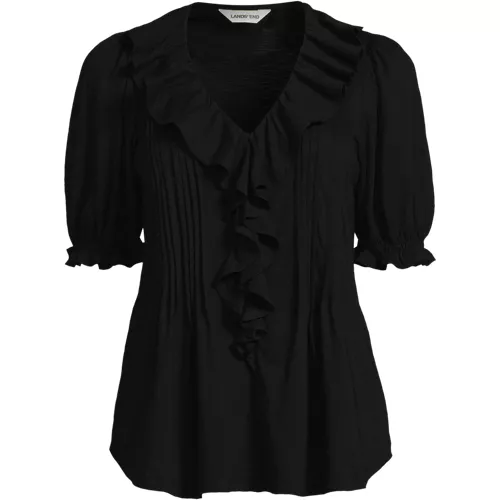 Women's Puff Sleeve Slub Ruffle Pintuck Top, Front