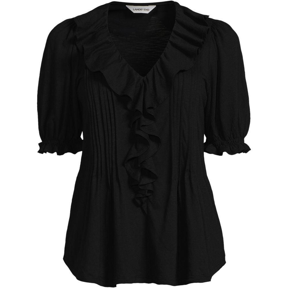 Women's Puff Sleeve Slub Ruffle Pintuck Top | Lands' End
