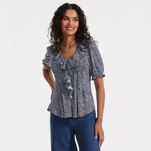 Women's Puff Sleeve Slub Ruffle Pintuck Top, alternative image