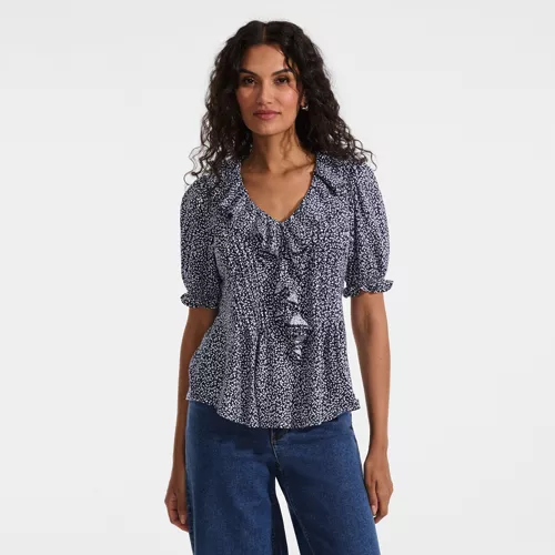 Women's Puff Sleeve Slub Ruffle Pintuck Top, Front