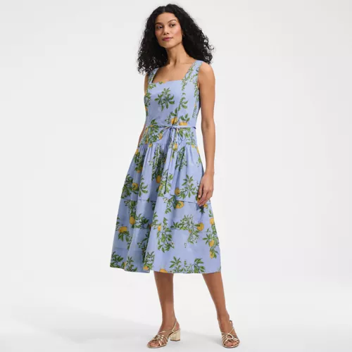 Women's Poplin Square Neck Midi Tie Waist Dress, Front
