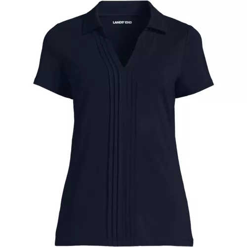 Women's Short Sleeve Lightweight Jersey Pintuck Open Collar Polo, Front