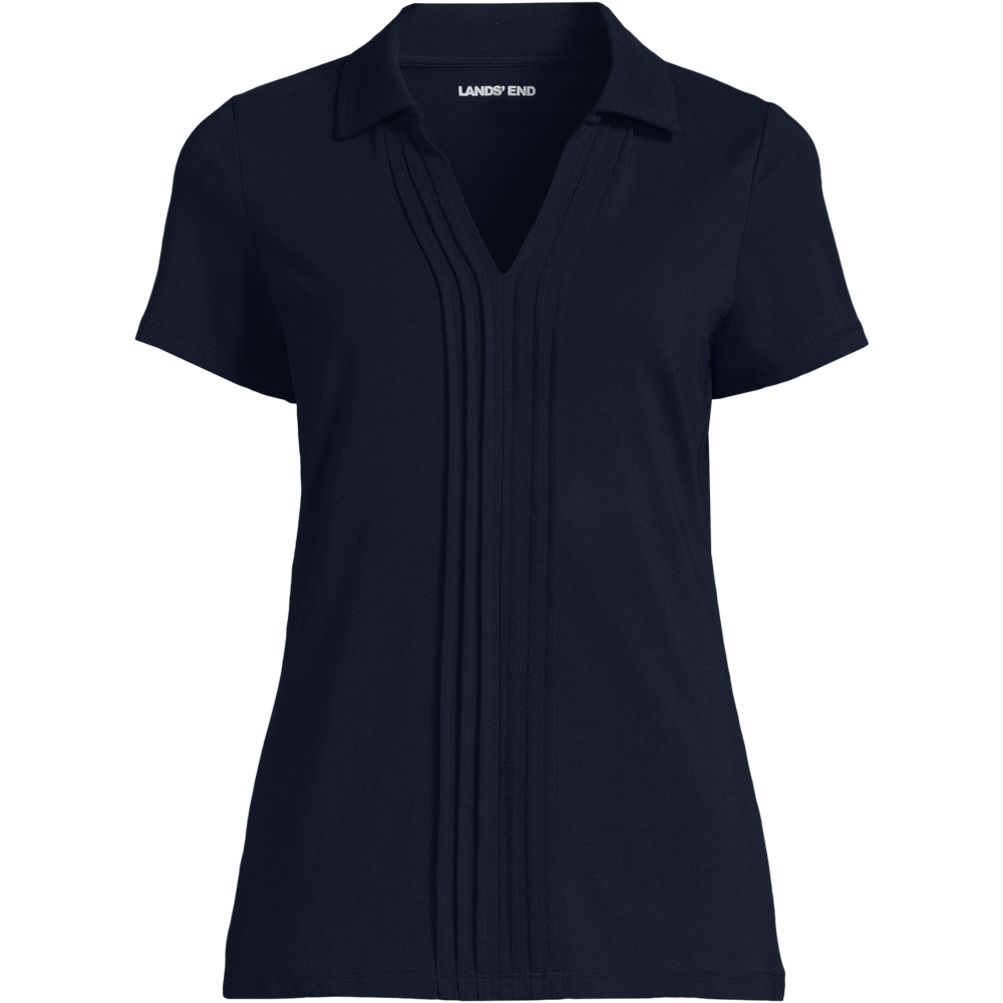 Women's Short Sleeve Lightweight Jersey Pintuck Open Collar Polo