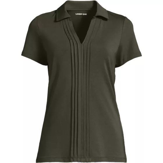 Women's Short Sleeve Lightweight Jersey Pintuck Open Collar Polo - primary