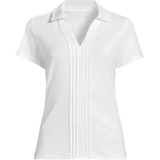 Women's Short Sleeve Lightweight Jersey Pintuck Open Collar Polo - primary