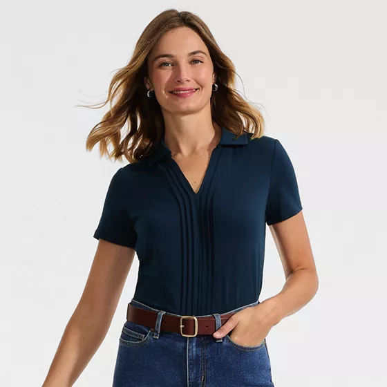 Women's Short Sleeve Lightweight Jersey Pintuck Open Collar Polo - primary