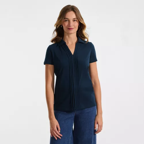 Women's Short Sleeve Lightweight Jersey Pintuck Open Collar Polo, Front