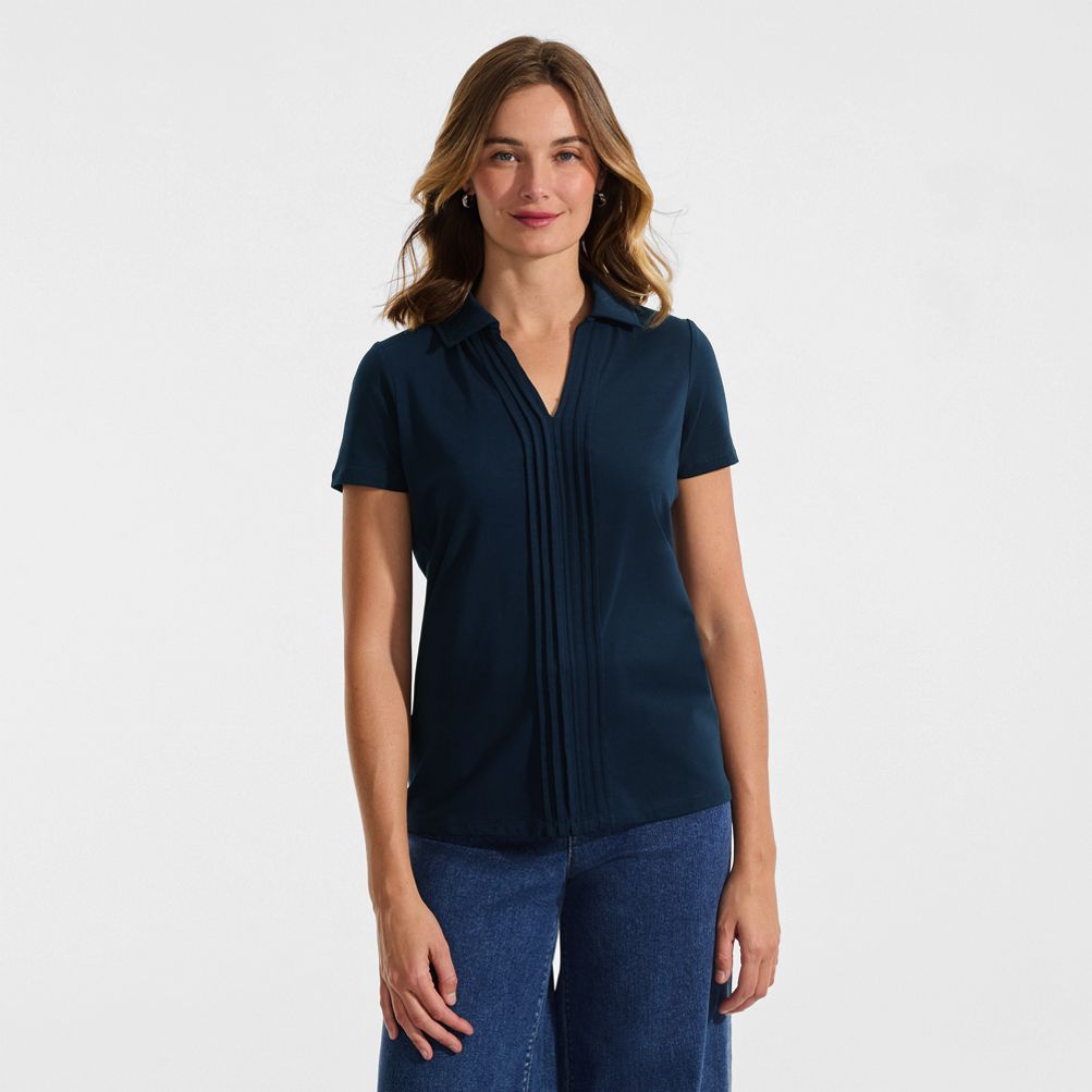 Women's Short Sleeve Lightweight Jersey Pintuck Open Collar Polo