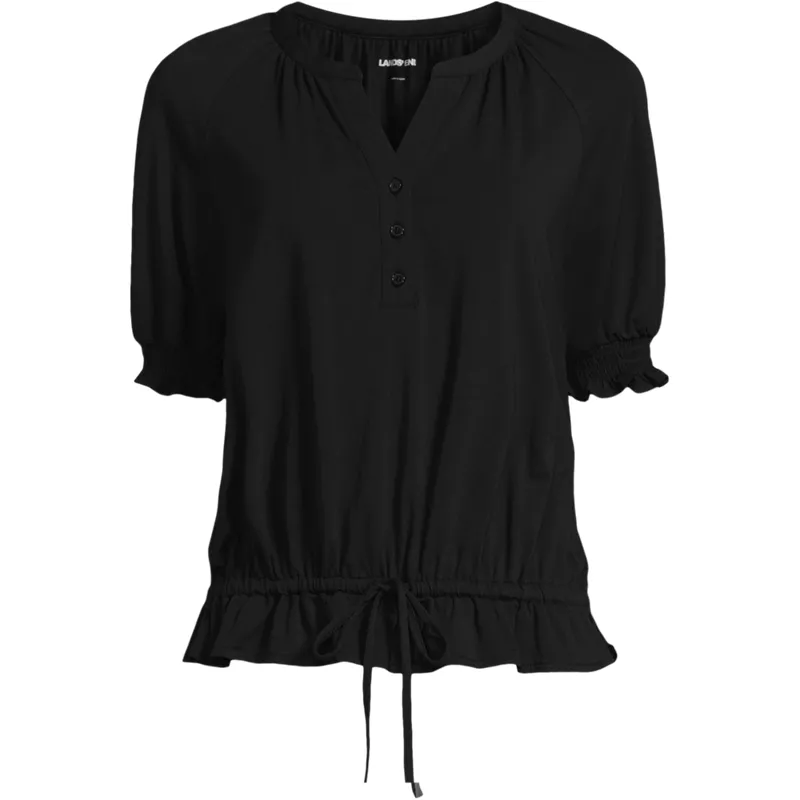 Women's Elbow Sleeve Lightweight Jersey Gathered Adjustable Hem Blouse, Front