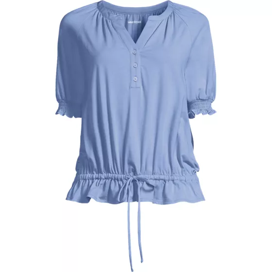 Women's Elbow Sleeve Lightweight Jersey Gathered Adjustable Hem Blouse - primary