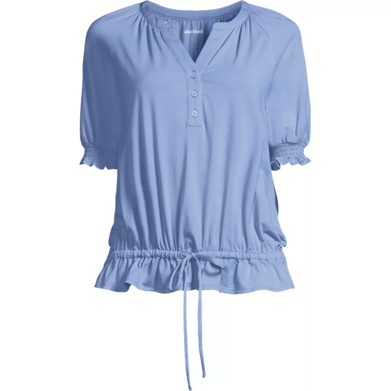 Women's Elbow Sleeve Lightweight Jersey Gathered Adjustable Hem Blouse, Front